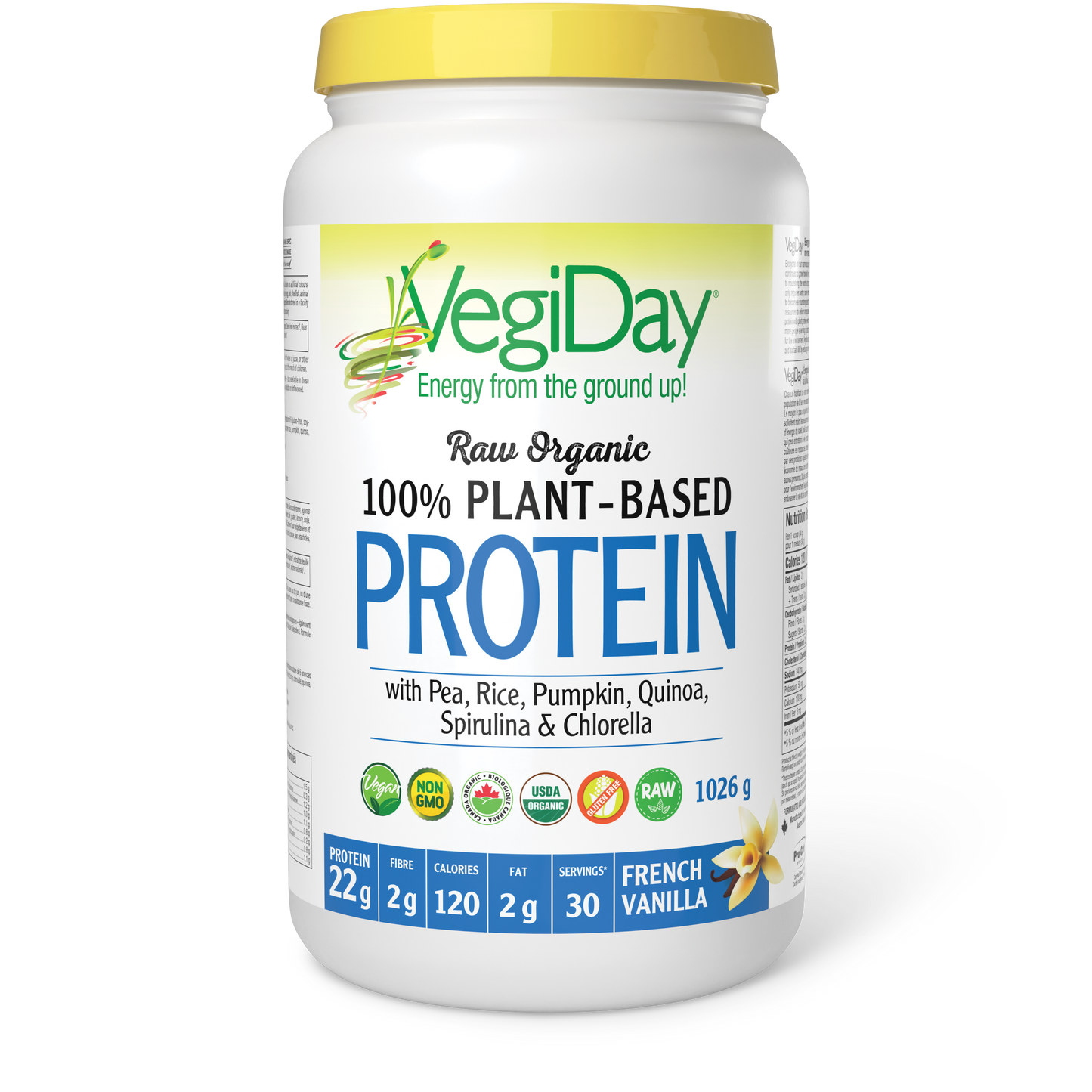 VegiDay® Raw Organic Plant-Based Protein with Pea, Rice, Pumpkin, Quinoa, Spirulina & Chlorella 1026 g Powder French Vanilla