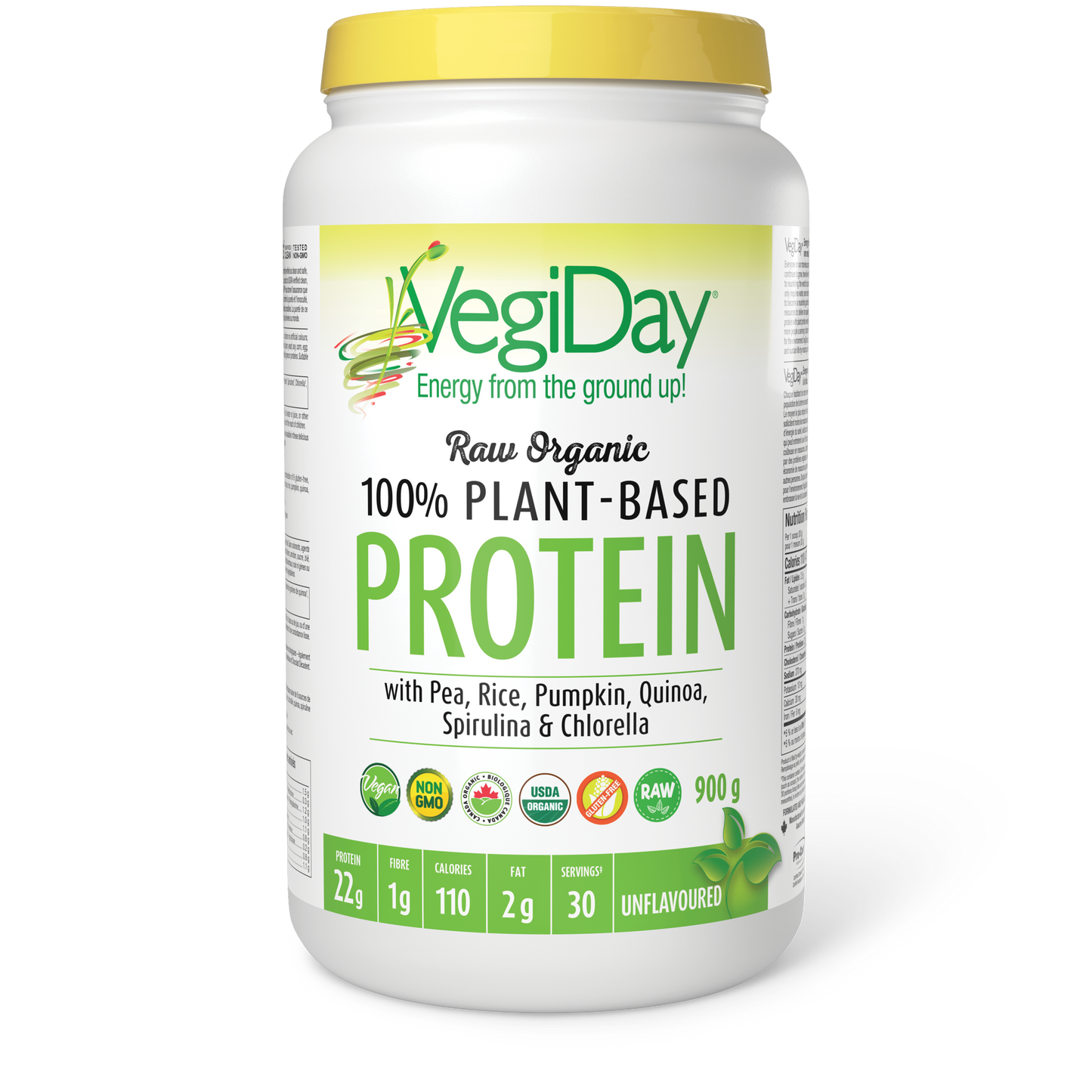 VegiDay® Raw Organic 100% Plant-Based Protein with Pea, Rice, Pumpkin, Quinoa, Spirulina & Chlorella 893 g Powder Unflavoured