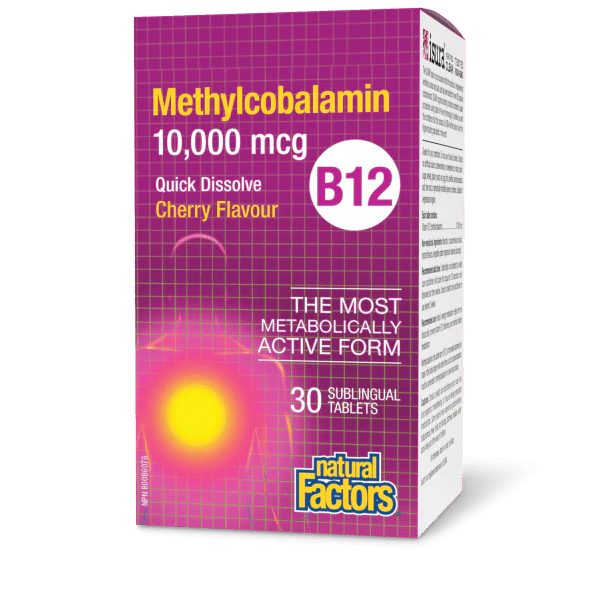 B12 Methylcobalamin 10,000 mcg Cherry, 30 Sublingual Tablets - Natural Factors
