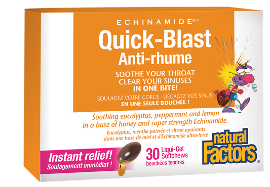 Natural Factors Quick-Blast 30 Liquid-Gel Softchews Eucalyptus, Peppermint, Lemon