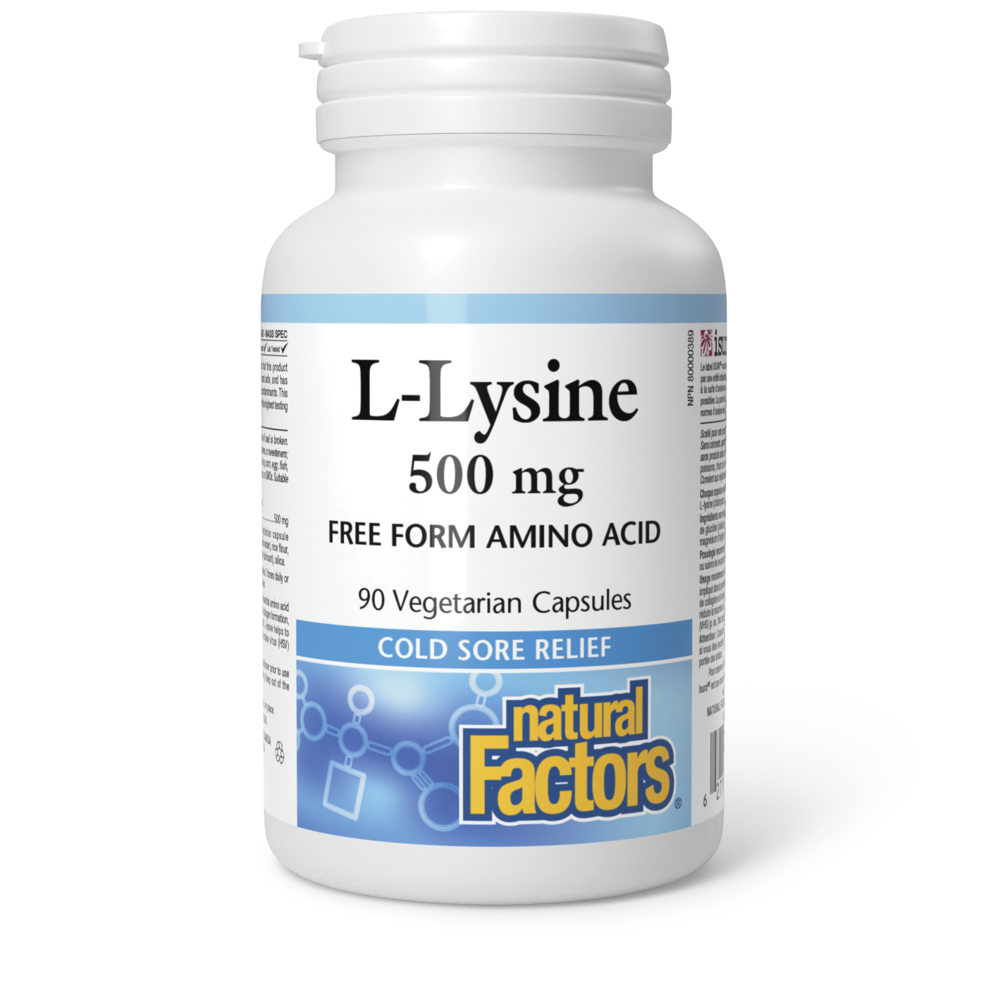 Natural Factors L-Lysine 500 mg Free Form Amino Acid 500 mg 90 Vegetarian Capsules