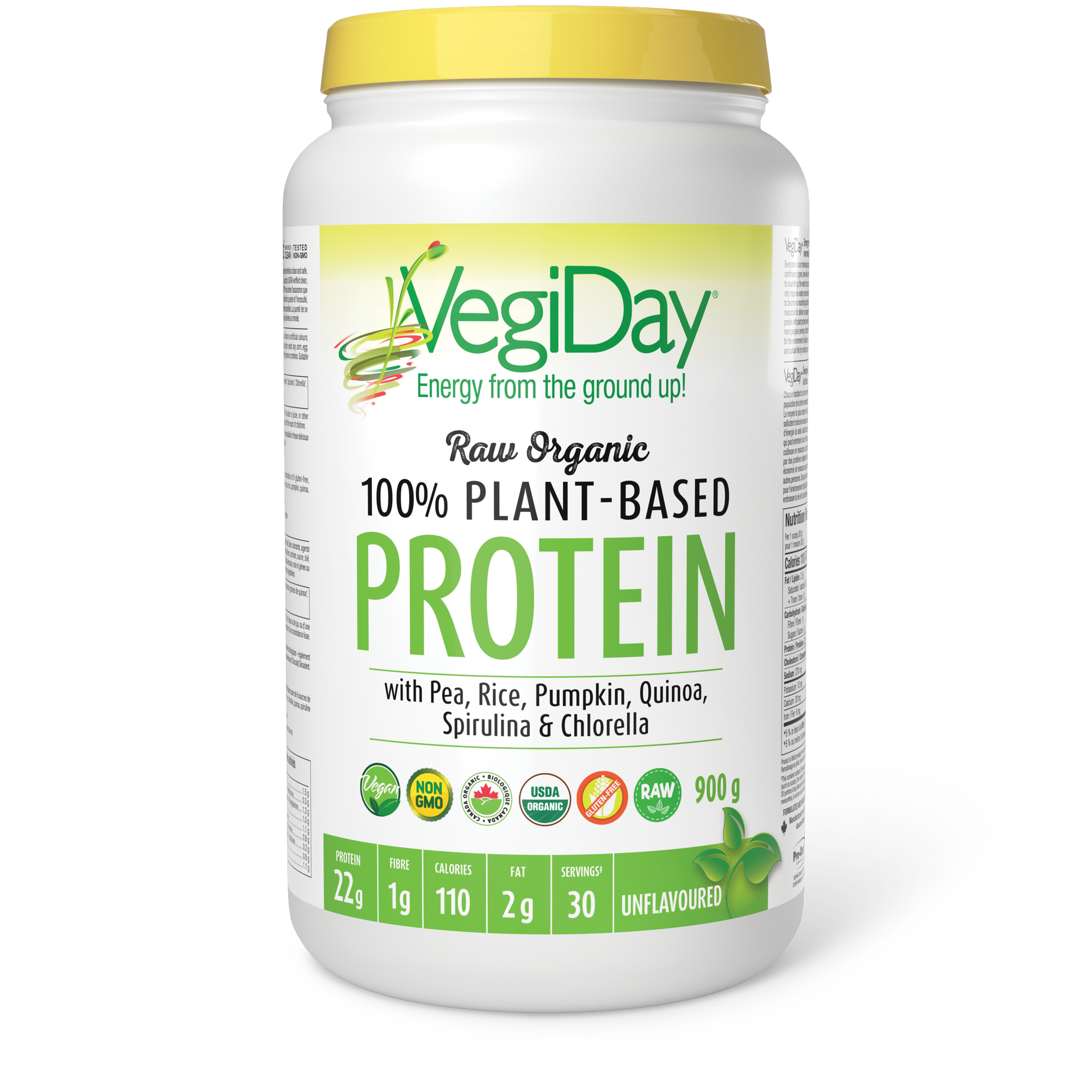 VegiDay® Raw Organic 100% Plant-Based Protein with Pea, Rice, Pumpkin, Quinoa, Spirulina & Chlorella 893 g Powder Unflavoured