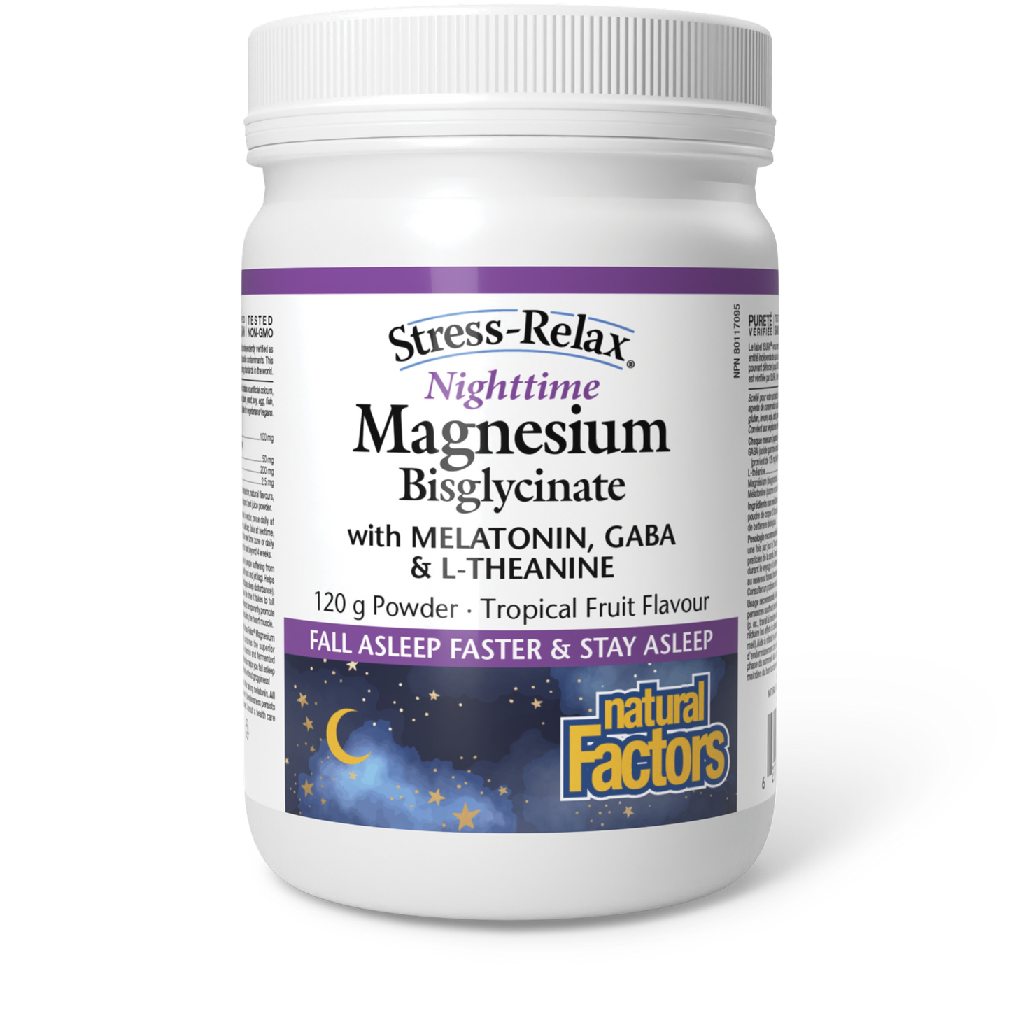 Natural Factors Nighttime Magnesium Bisglycinate with Melatonin, GABA & L-Theanine 120 g Powder Tropical Fruit