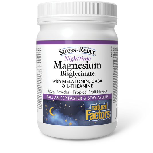 Natural Factors Nighttime Magnesium Bisglycinate with Melatonin, GABA & L-Theanine 120 g Powder Tropical Fruit