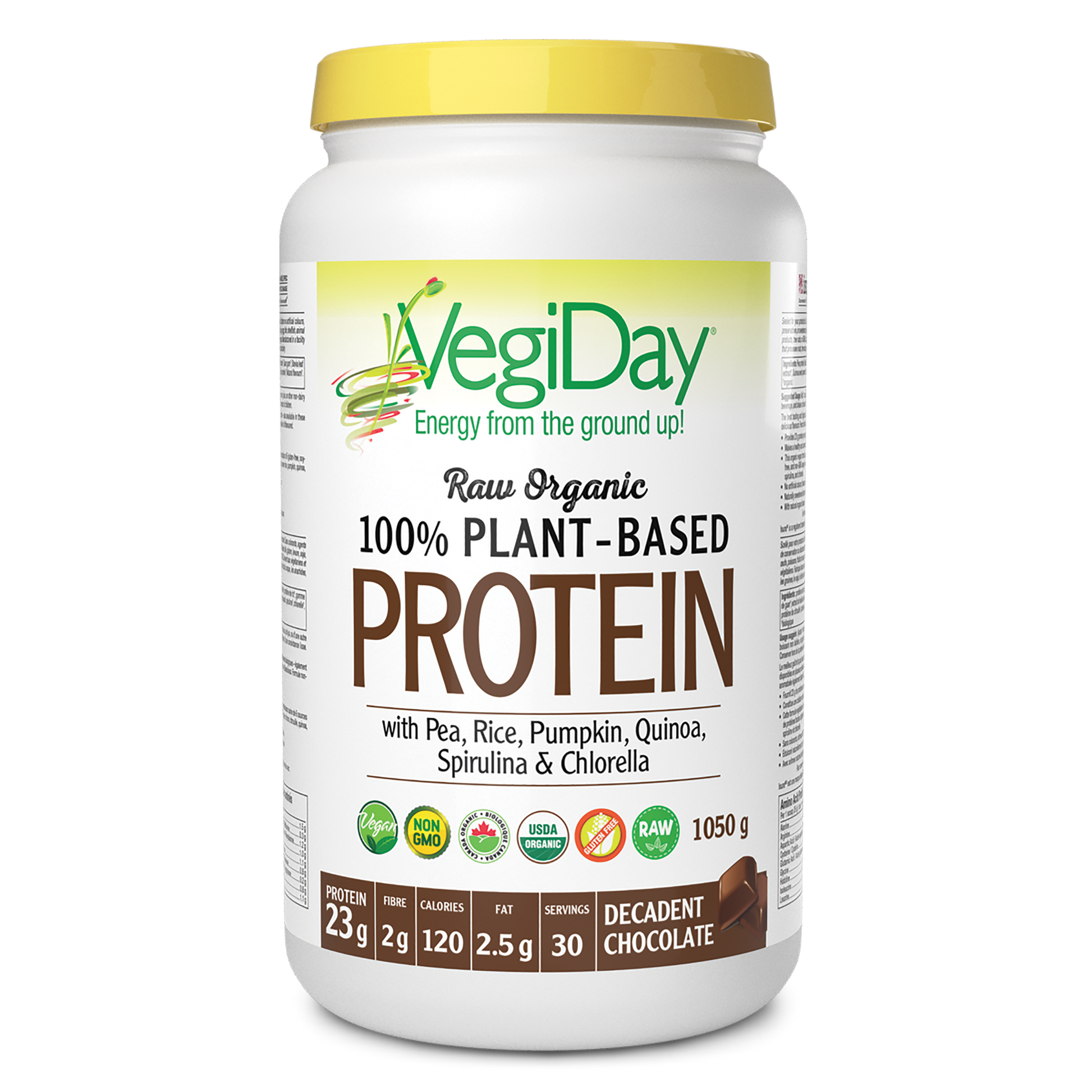 VegiDay® Raw Organic Plant-Based Protein with Pea, Rice, Pumpkin, Quinoa, Spirulina & Chlorella 1050 g Powder Decadent Chocolate