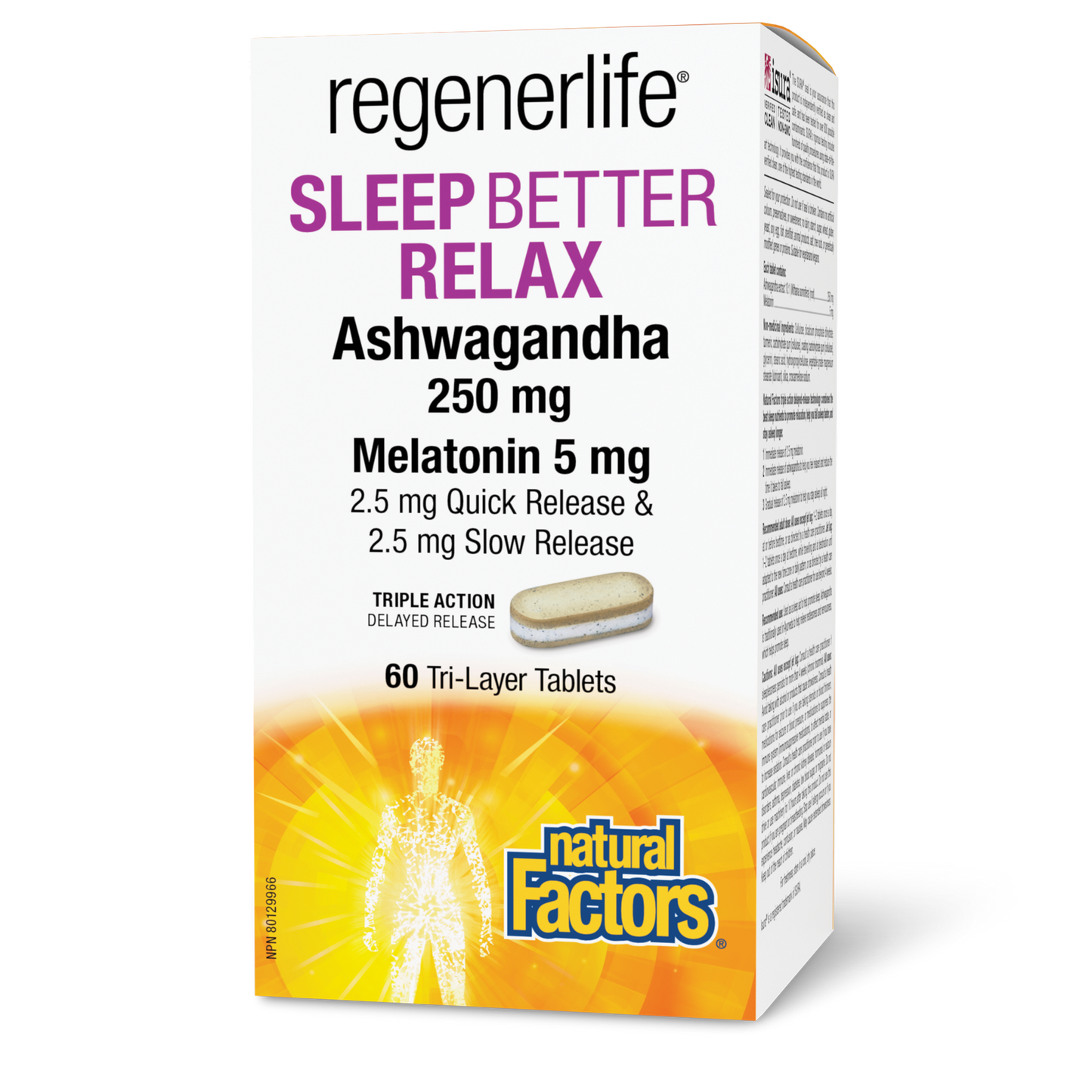 Natural Factors Sleep Better Relax Ashwagandha 250 mg Melatonin 5 mg 60 Tri-Layer Tablets