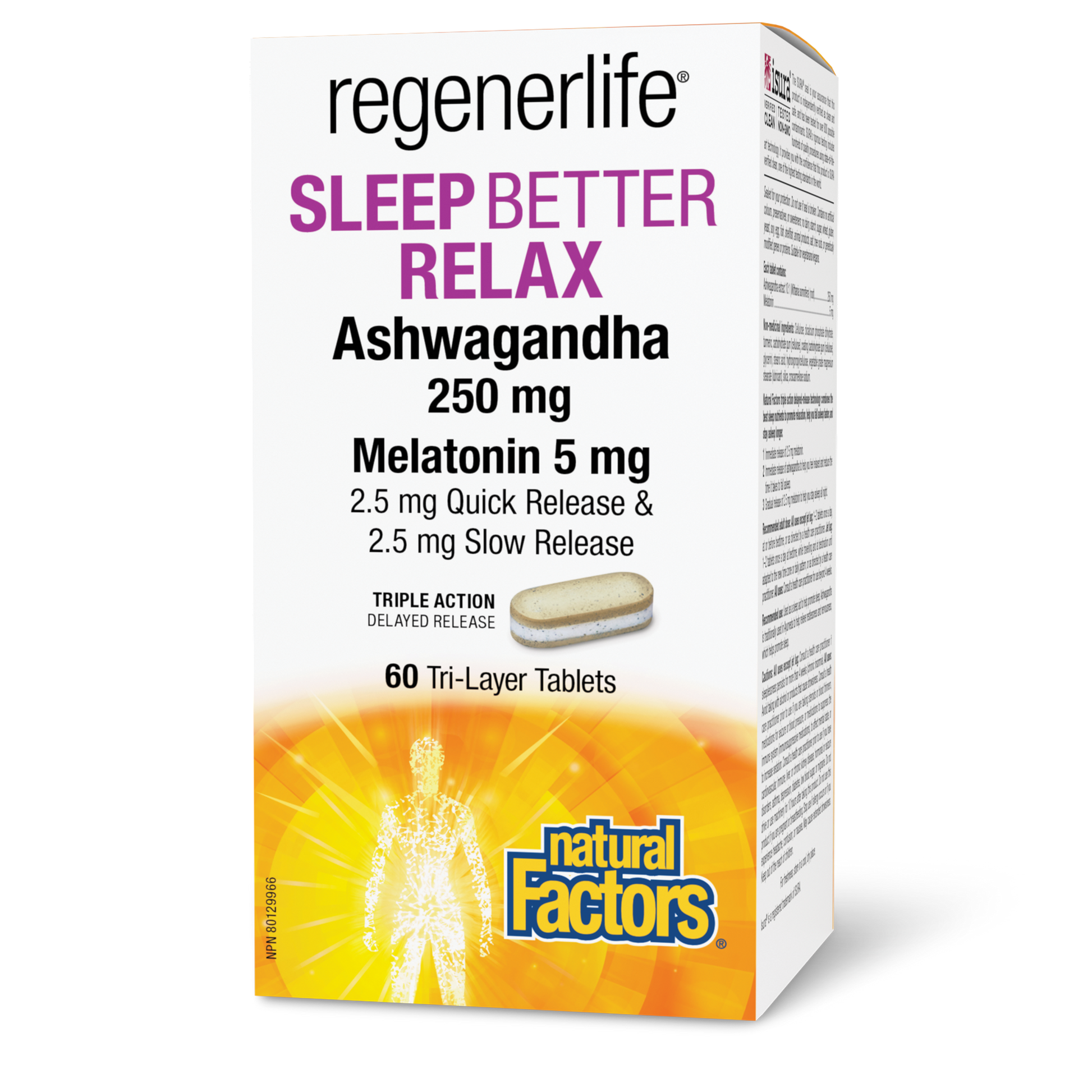 Natural Factors Sleep Better Relax Ashwagandha 250 mg Melatonin 5 mg 60 Tri-Layer Tablets