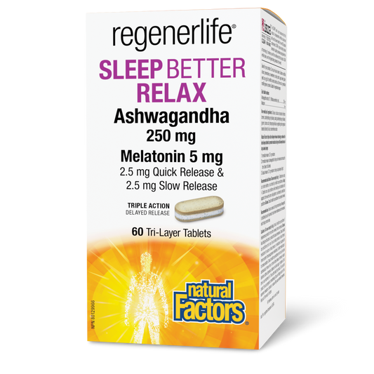 Natural Factors Sleep Better Relax Ashwagandha 250 mg Melatonin 5 mg 60 Tri-Layer Tablets